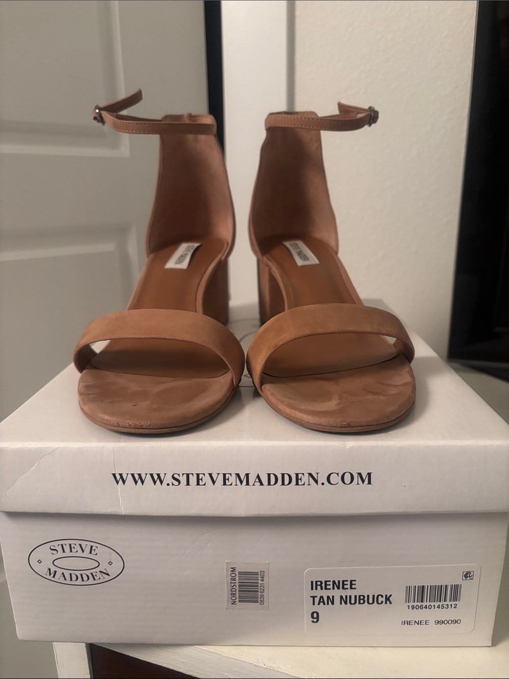 Steve Madden Tan Nubuck Ankle-Strap Block Heels